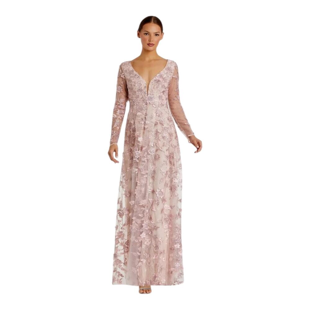 Mac Duggal 70224 Floral Applique Illusion Gown Long Sleeve Rose Pink Size 8 NWT - Picture 15 of 16